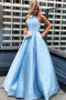 Satin A-line Sky Blue Prom Evening Dress Pearls With Pockets GP02
