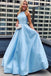 satin a line blue prom evening dress pearls with pockets