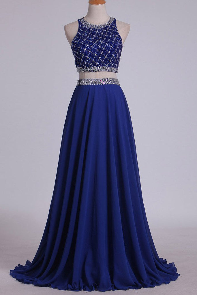scoop tulle chiffon two piece sleeveless beading blue long prom dress
