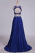 scoop tulle chiffon two piece sleeveless beading blue long prom dress