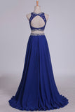scoop tulle chiffon two piece sleeveless beading blue long prom dress mp951