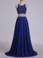 Scoop Tulle/Chiffon Two Piece Sleeveless Beading Blue Long Prom Dress MP951