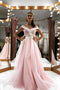 See-Through Mesh Pink Long Prom Dress Off-Shoulder Quinceanera Dresses MP807