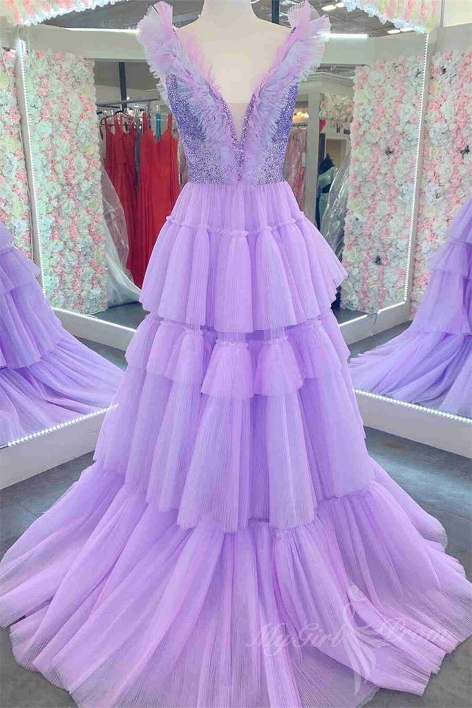 sequin lavender tiered tulle long prom dress princess sparkly formal gown
