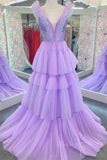 Sequin Lavender Tiered Tulle Long Prom Dress, Princess Sparkly Formal Gown GP489