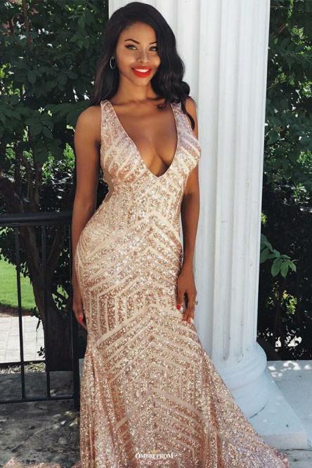 sequin backless mermaid v neck rose gold prom party dress mp768