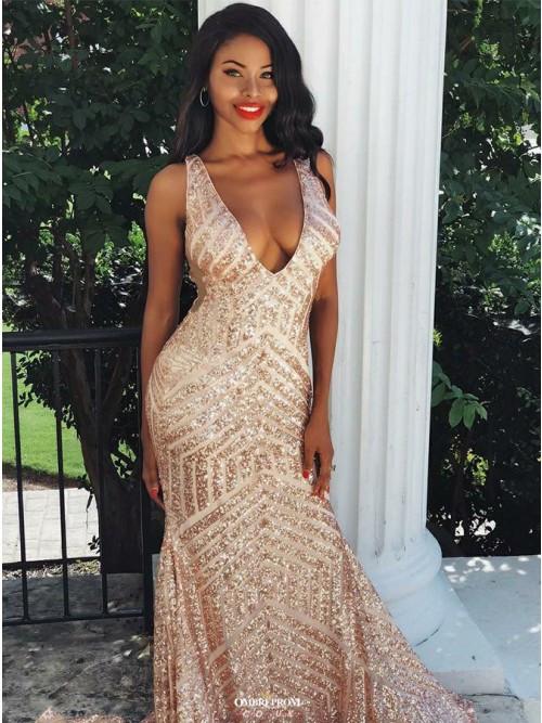 sequin backless mermaid v neck rose gold prom party dress