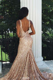 sequin backless mermaid v neck rose gold prom party dress mp768