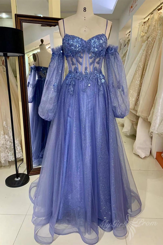 sequins blue sleeves applique long prom dress formal gown