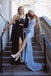 sequins v neck blue prom dress sparkly mermaid slit evening dresses