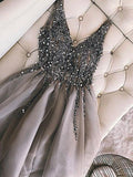 sequins beaded a line v neck tulle short prom dresses