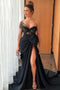 Black Prom Dresses One Shoulder Formal Evening Gown Lace With Slit GP102