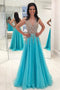Luxurious A Line V-neck Beads Open Back Tulle Slit Prom Dresses MP1017