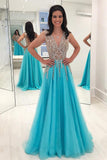 luxurious a line v neck beads open back tulle slit prom dresses