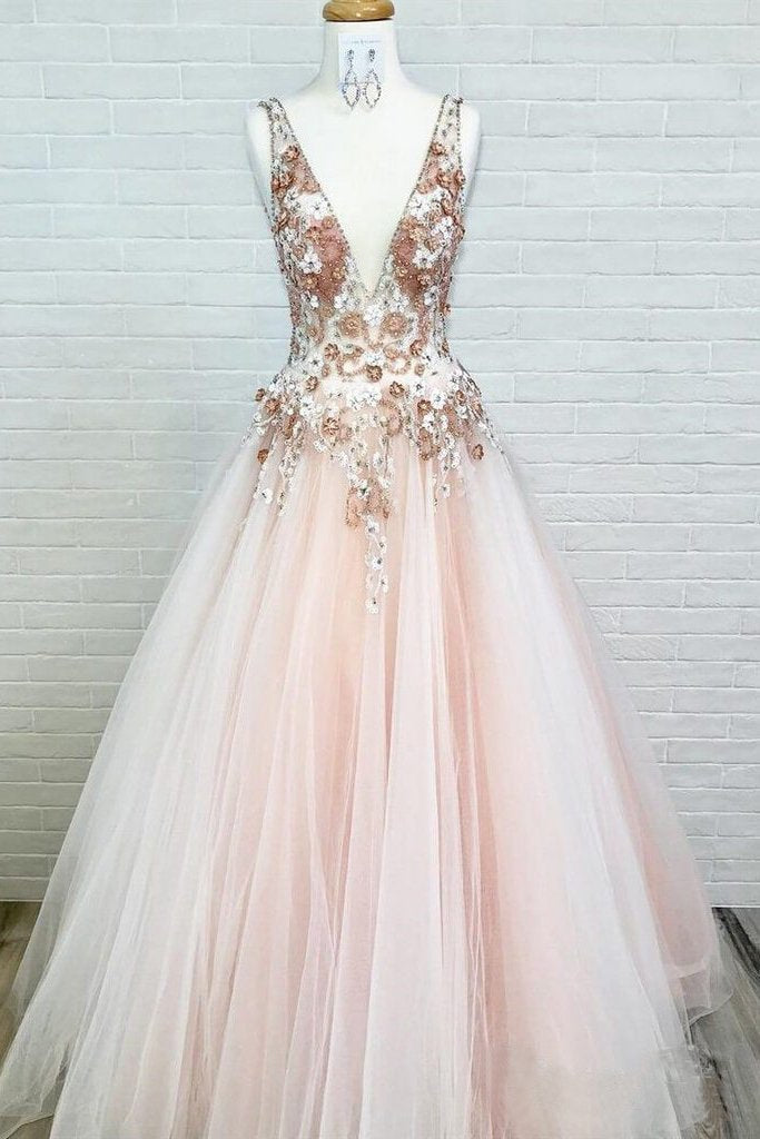 backless prom dress pearl pink tulle v neck appliques graduation gown