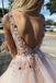 backless prom dress pearl pink tulle v neck appliques graduation gown