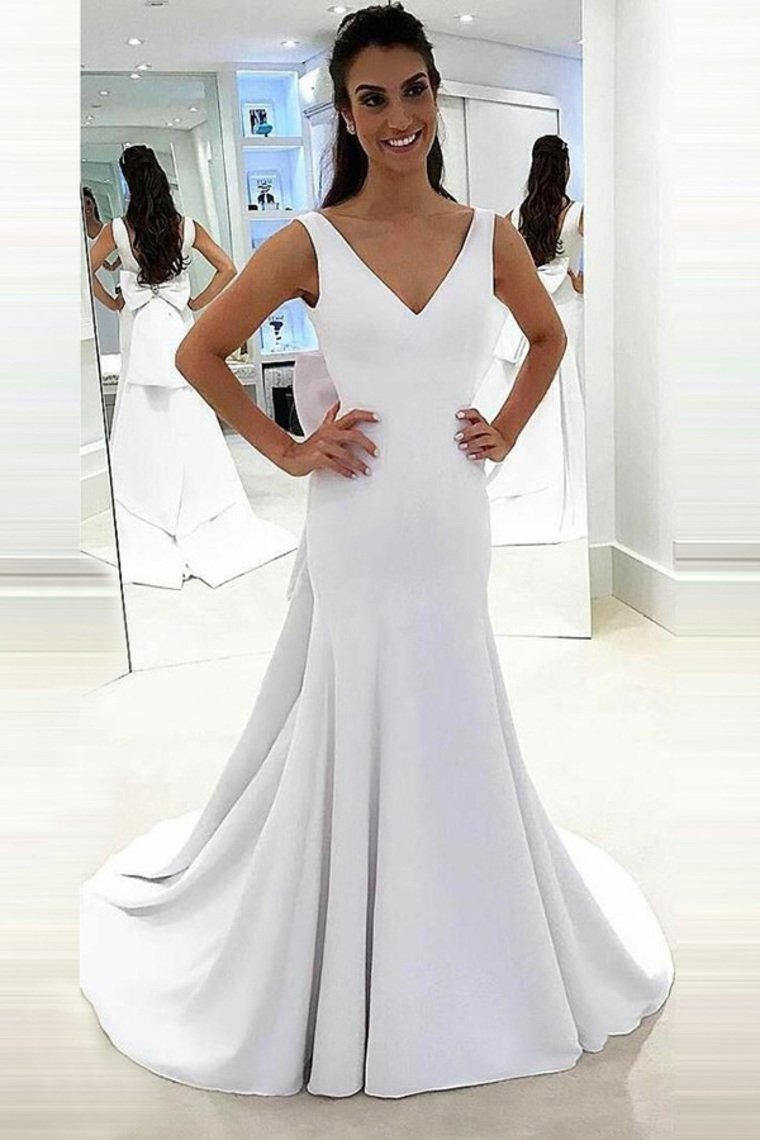 sexy bow knot back mermaid wedding dresses satin v neck bridal gowns pw241