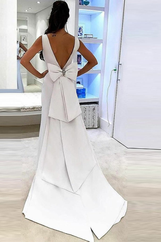 bow knot back mermaid wedding dress satin v neck bridal gown