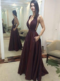burgundy long prom evening dress deep v neck a line satin with pocket