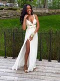 spaghetti straps v neck cut out long prom dresses with slit