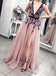 pink blush plunging neckline appliques tulle long prom party dress