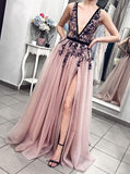 sexy pink blush plunging neckline appliques tulle long prom party dress mp954