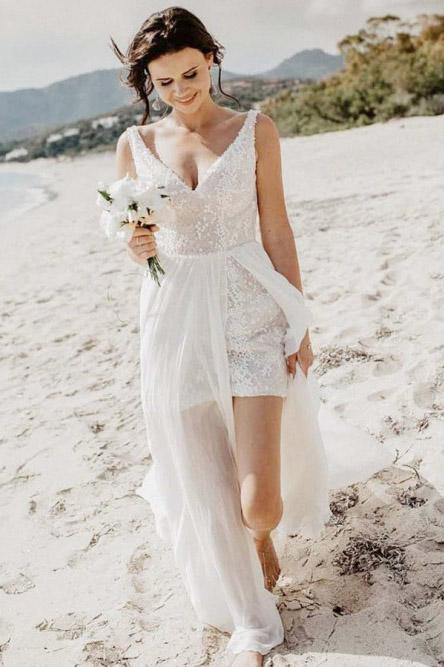 elegant sheath overskirt backless flowy beach wedding dress