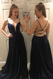 sexy spaghetti straps backless long dark blue prom dress mp925