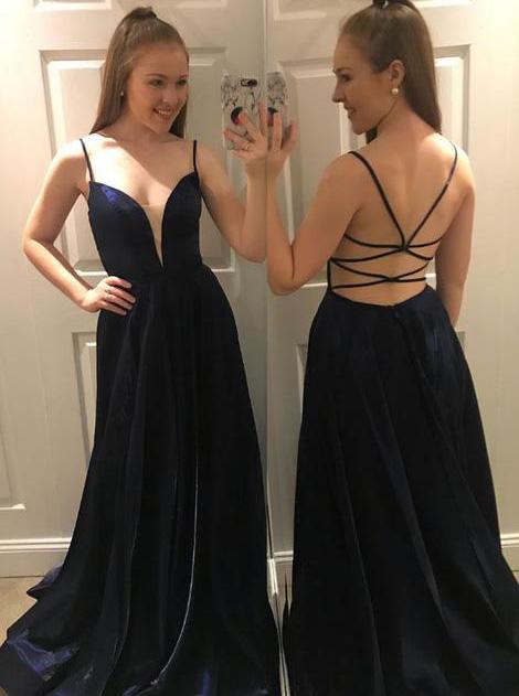 spaghetti straps long dark blue backless prom dress simple party gown