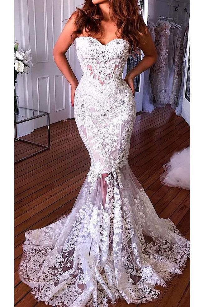 charm sweetheart beaded appliques mermaid beach lace wedding dress