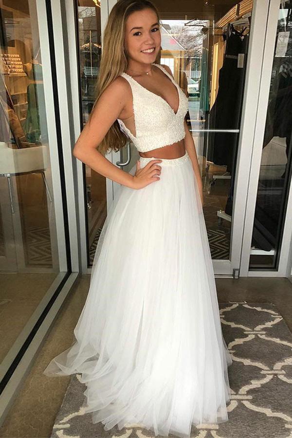 two piece sleeveless prom dress beaded deep v neck tulle party gown