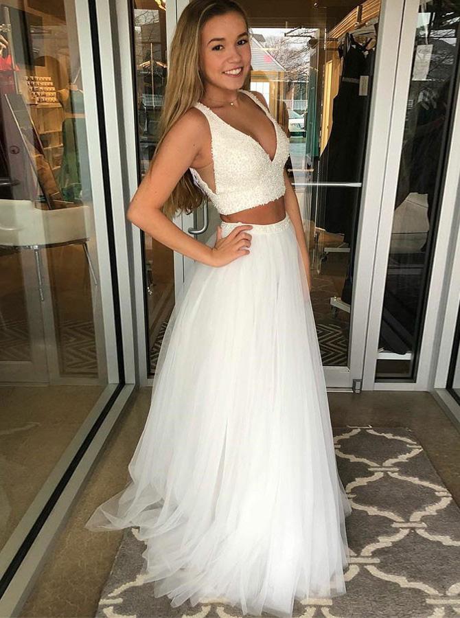 sexy two piece prom dress beaded deep v neck tulle party gown mp735