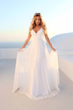 Sexy V-neck Backless Beach Boho Wedding Dress, White Lace Bridal Gown PW208