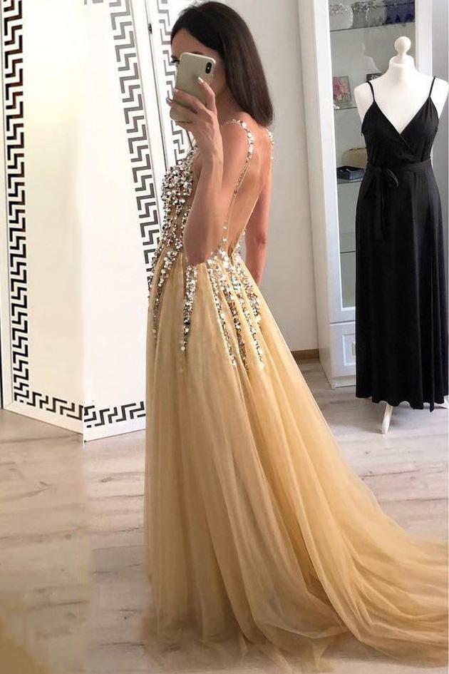 sexy golden v neck tulle long prom dress sequins evening dress mp828