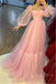sheer puff sleeves tulle pink prom dress sleeveless formal party gown