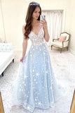 Shiny Star Tulle Prom Dresses A Line V Neck Light Blue Formal Gown GP113