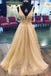 shiny a line v neck champagne floral sequin long tulle prom dress