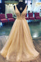 Shiny A Line V Neck Champagne Floral Sequin Long Tulle Prom Dress, GP155
