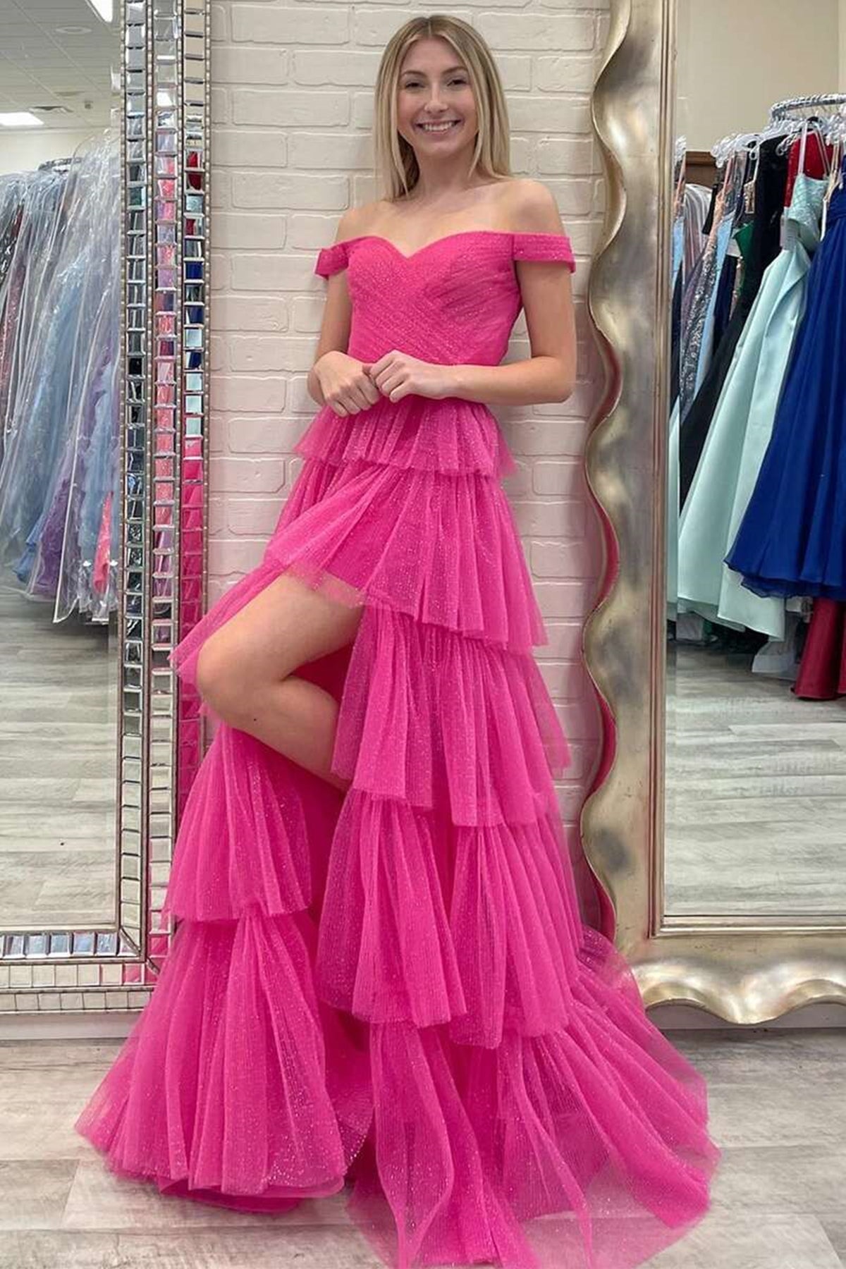 Shiny Hot Pink Tulle Off Shoulder Layered Long Prom Dresses with High Slit, Hot Pink Tulle Formal Graduation Evening Dresses EP1805