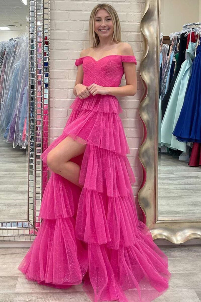 shiny hot pink tulle layered prom dress off shoulder slit formal evening dresses