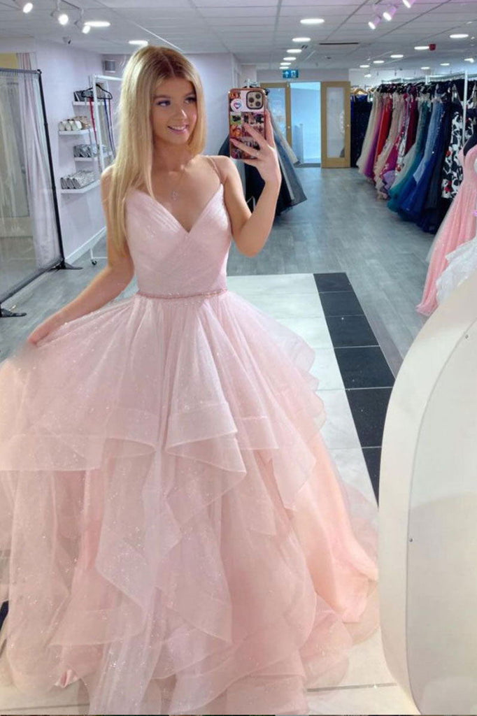 shiny pink a line v neck tulle long prom dresses pink sweet 16 dresses