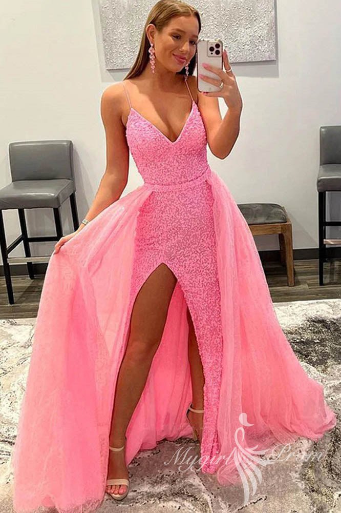 shiny pink sequins v neck mermaid long prom dresses high slit formal evening dresses