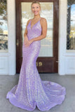 Shiny Sequins V Neck Backless Lilac Long Prom Dresses, Mermaid Evening Dresses GP400