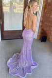 shiny sequins v neck backless lilac long prom dresses mermaid evening dresses
