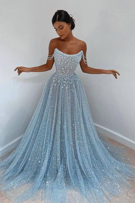 Shiny Strapless Blue Tulle Long Prom dress, Sparkly Blue Tulle Evening Dress
