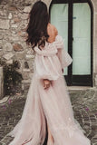 Shiny Tulle Pink Prom Dresses Off The Shoulder Puff Sleeve Evening Dress with Slit GP477