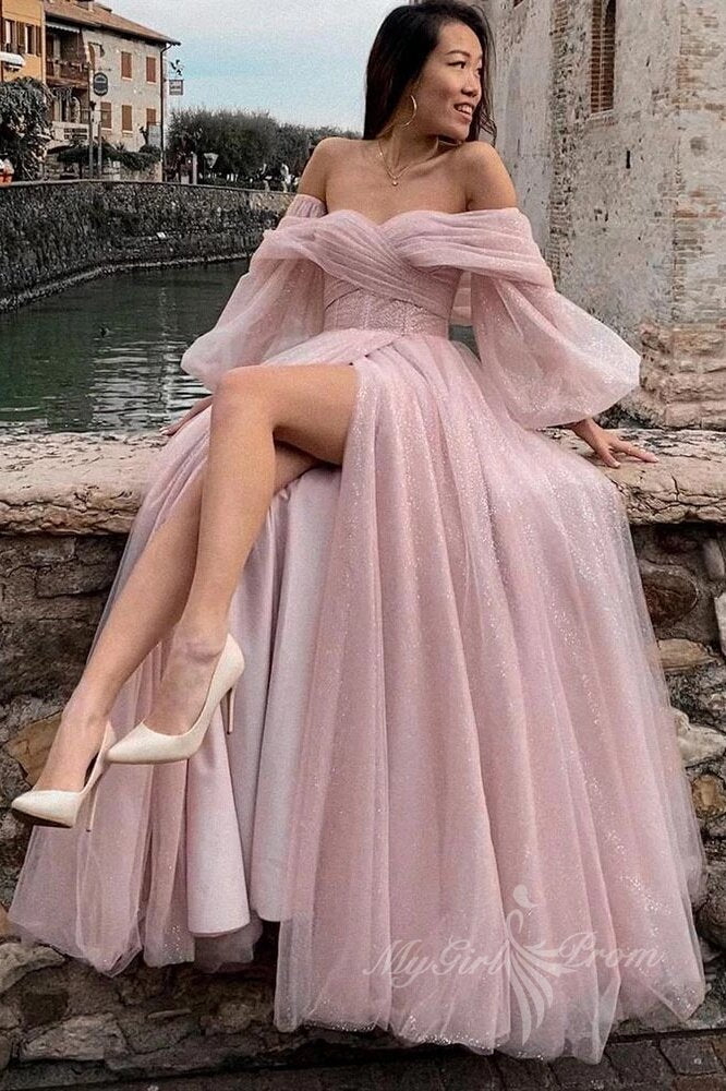 shiny tulle pink prom dresses off the shoulder puff sleeve evening dress with slit