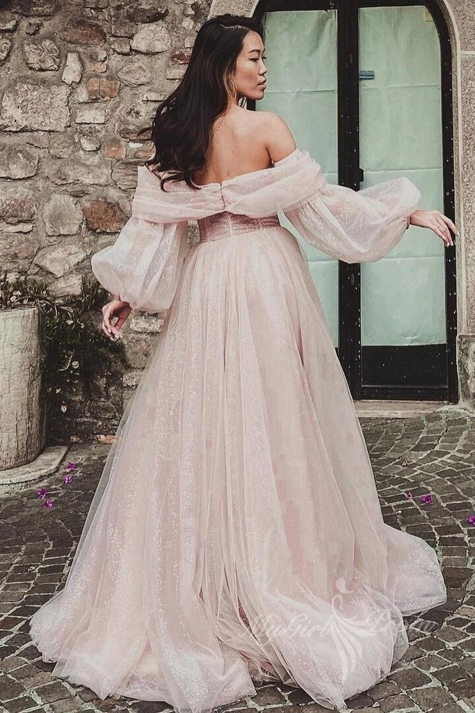 shiny tulle pink prom dresses off the shoulder puff sleeve evening dress with slit