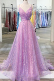 Shiny V Neck Backless Long Prom Dress, A-line Sleeveless Formal Gown GP287
