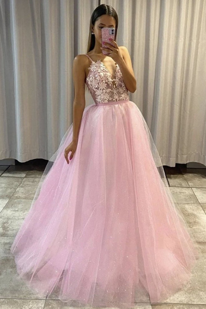 shiny a line v neck pink lace floral long prom dress